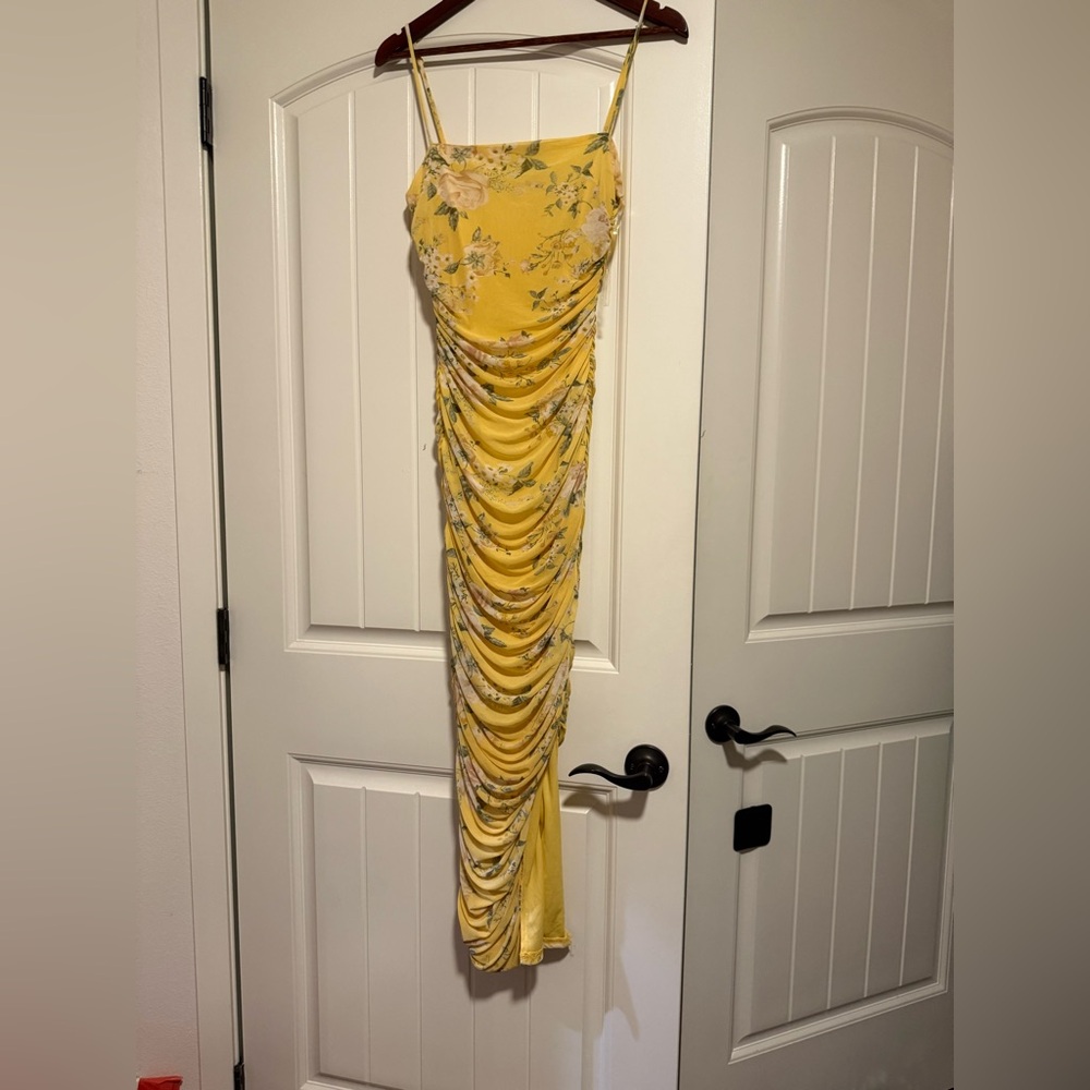 Privy Yellow Floral Ruched Maxi Dress
